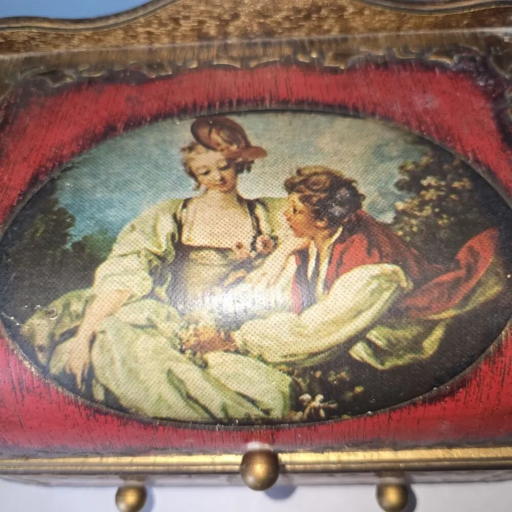 Vtg MIM Lador Japan Wooden Musical Jewelry Box Victorian Couple Sunrise Sunset